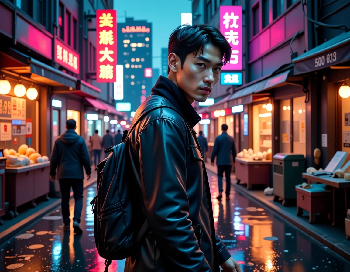 neon noir full body portrait: the South Korean man walks through a dystopian Chinese outdoor market wearing leather, neon signs, dark and rainy night, tall futuristic buildings in the distance. Sharp background, deep depth of field, clearly defined facial features, low angle, side angle, rim lighting . cyberpunk, dark, rainy streets, neon signs, high contrast, low light, vibrant, highly detailed, full body portrait: the South Korean man walks through a dystopian Chinese outdoor market wearing leather, neon signs, dark and rainy night, tall futuristic buildings in the distance. Sharp background, deep depth of field, clearly defined facial features, low angle, side angle, rim lighting, beautiful, elegant, highly detailed, intricate, rich vibrant color, great composition, cinematic atmosphere, dynamic