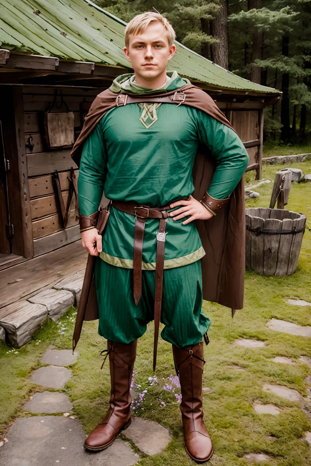 ViVi, Swedish viking village, standing outside a viking longhouse, slight smile, ZaneAnders, (clean shaven),  norsemenclothes, brown tunic, green cloak, cape, leather belt, leather vambrace, green pants, boots, wide angle, (((full body portrait))) <lora:ZaneAnders:0.8> <lora:NorseMenClothes:0.60> <lora:VikingVillage:0.55>