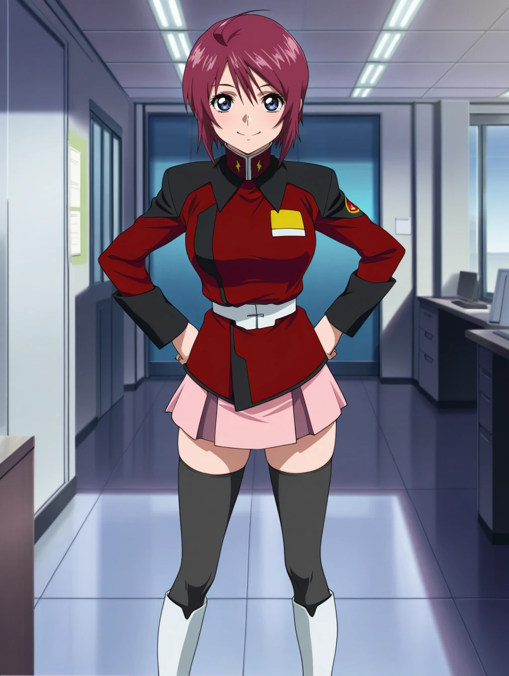 masterpiece,best quality,amazing quality,source_anime,anime coloring,<lora:Lunamaria_Hawke_SEED_Destiny_Illustrious:0.8>,lunamaria,1girl,solo,blue eyes,red hair,short hair,ahoge,destiny jacket,belt,pink miniskirt,pleated skirt,black thighhighs,knee boots,smile,hands_on_hips,indoors,office,looking at viewer,