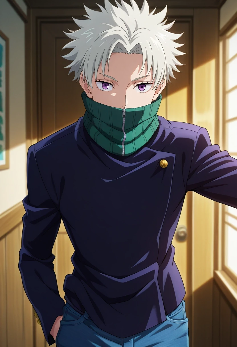 masterpiece, best quality, , anime screencap, anime coloring, , looking at viewer, depth of field, 1boy, solo, male focus, <lora:toge_inumaki_ilxl:0.9>, toge_inumaki, white hair, purple eyes, spiked hair, covered mouth, parted bangs, turtleneck, high collar, gakuran, , Denim bermuda shorts, Terry cloth Digital print Turtleneck sweater, Espadrilles, ,