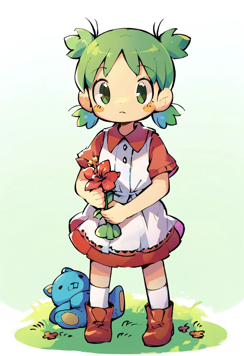 score_9, score_8, score_7, source_anime, koiwai yotsuba, white socks, stuffed toy, blush stickers, skirt, stuffed animal, upper body, boots, holding flower, grass, closed mouth