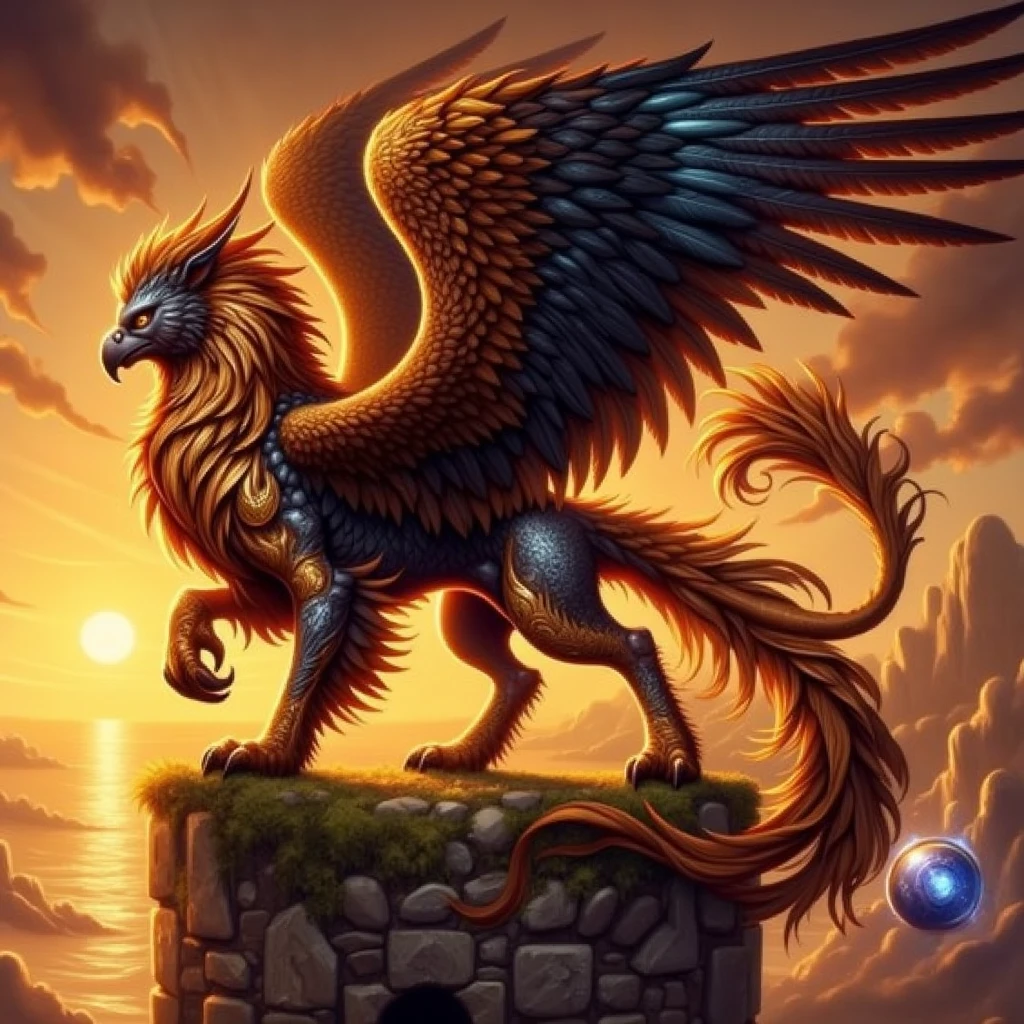 anime artwork A majestic griffin with the body of a lion and the wings and head of an eagle, perched atop a crumbling castle tower. Its feathers shimmer with hues of gold and bronze, while its lion's fur has a velvety, charcoal-black texture. The scene is bathed in the warm orange glow of a setting sun, casting long shadows across the ancient stonework. A glowing orb hovers nearby, hinting at an ancient magical artifact it protects. The camera angle is from slightly below, emphasizing the griffin's regal stance and massive wingspan. <lora:hippogriifns:1>grfx, hprfx . anime style, key visual, vibrant, studio anime,  highly detailed