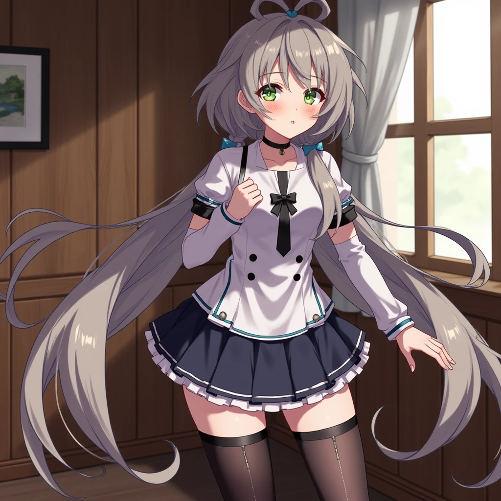 an anime girl,grey hair,black_thighhighs,from side,see side,upper body,huge breasts,wooden room