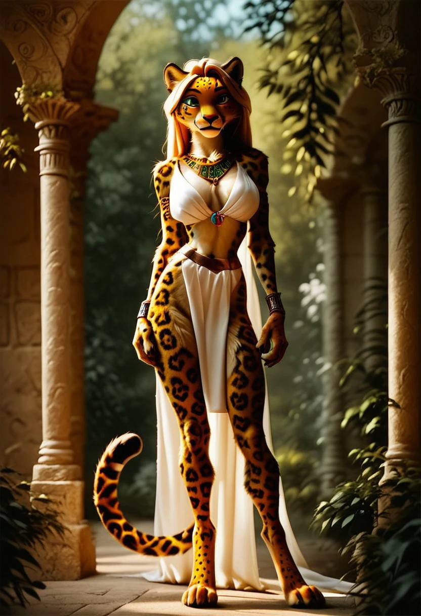 score_9, score_8_up, score_7_up, realistic, Female furry, stunning jaguar furry girl, sexy, jaguar tail,  highres, full body shot, perfect lighting, white toga, jewelry, intense gaze, very detailed fur, fluffy neckline. Very Slender, outdoors