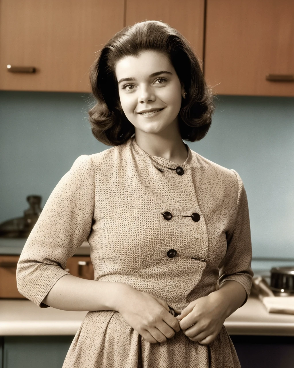 1girl, ultrarealistic, real photo, detailed skin, visible pores, photorealistic, low-quality 1960s vintage TV sitcom promo photo, vintage old-fashioned hair, retro, portrait shot, looking at viewer, 1960s housewife, smiling, at kitchen, hands on hip, film grain, shallow depth of field
<lora:iv02_ca_lora_v01:1> iv02