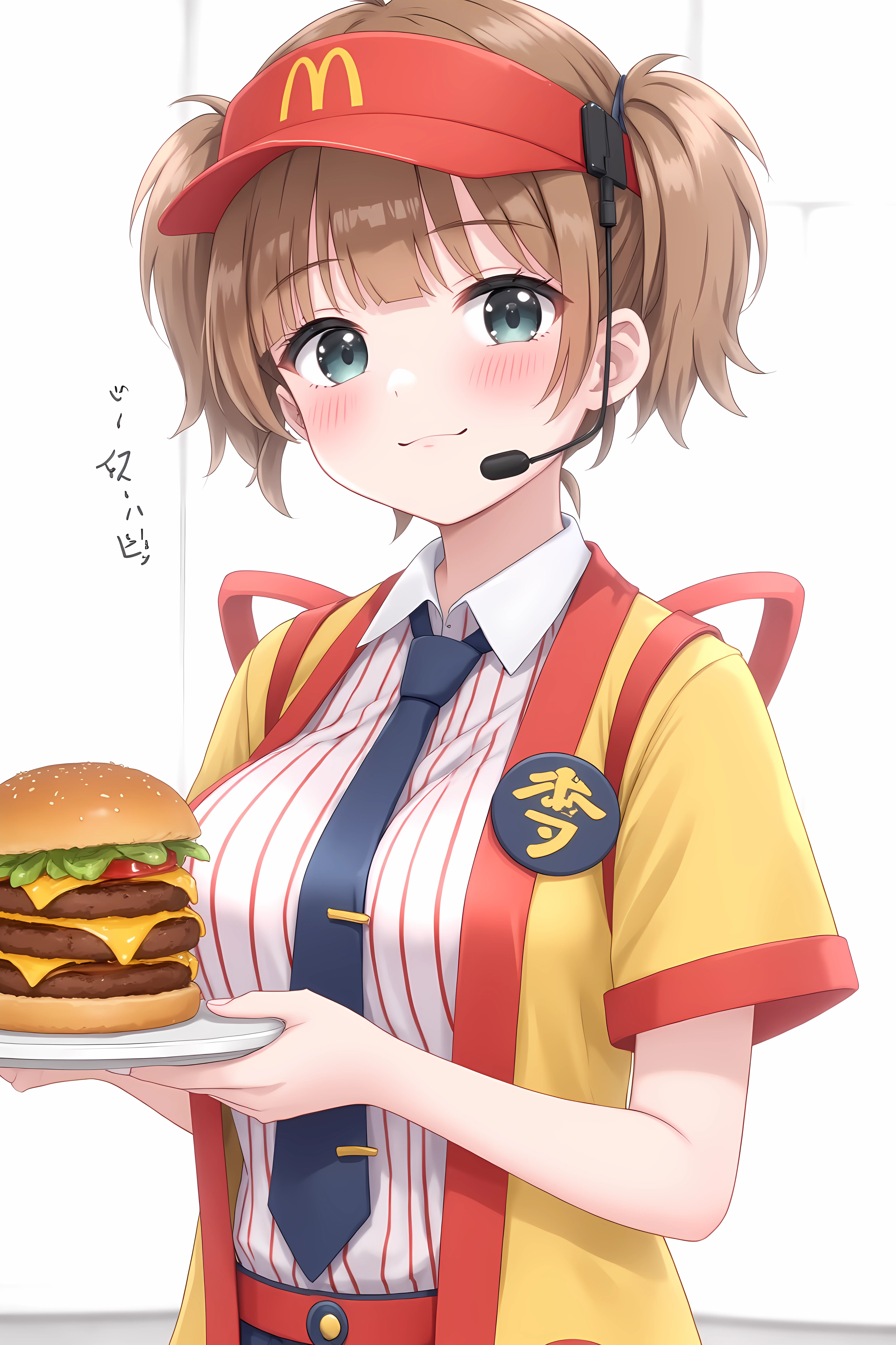 tabemi,vitamins, a girl in a McDonald's uniform holding a plate with a hamburger on it. She is wearing a red cap, a white shirt, a blue tie, and a yellow and red dress. In the background, there is a white wall and a window.