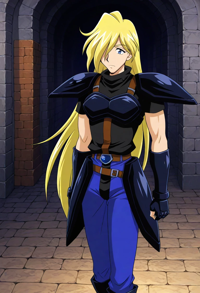 masterpiece, best quality, absurdres, highres, detailed background, <lora:hyperSD8:1>,safe
<lora:LINAINVERSE_IL:1> 1boy, gourry gabriev, blonde hair, blue eyes, black armor, blue pants,