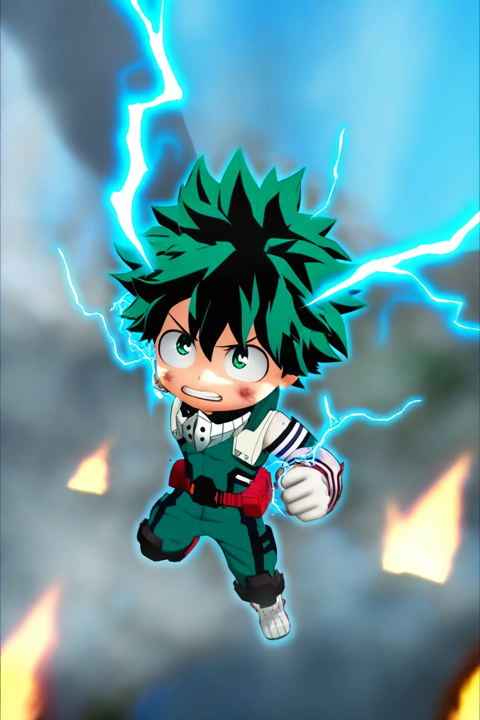 TFTstyle, chibi,3d,1boy, male focus, midoriya izuku, boku no hero academia, injury, electricity,masterpiece, best quality, very aesthetic, absurdres,<lora:TFTstyle-000020:1>