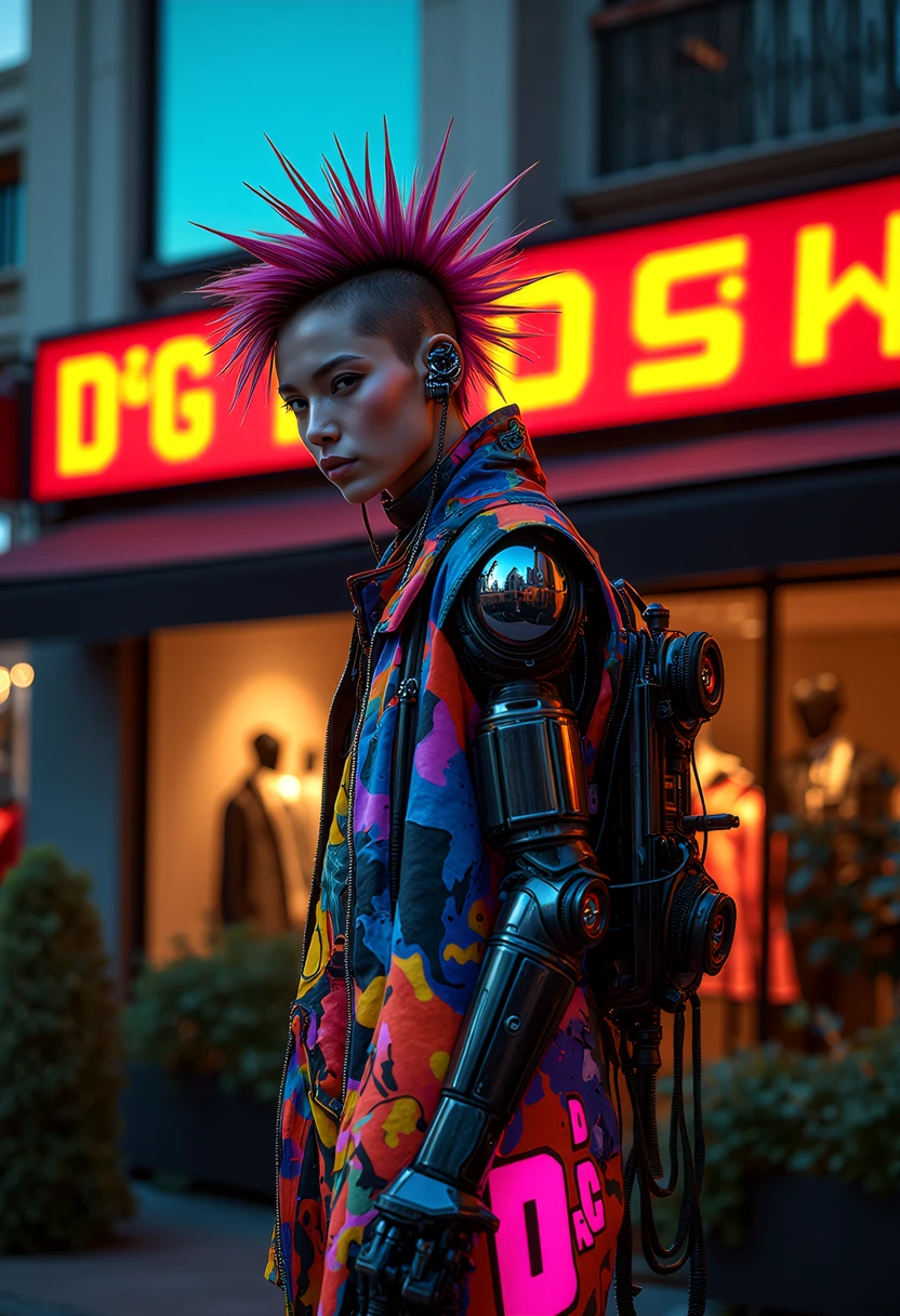 avantgardepunk style. Cutting-edge fusion of art, music, fashion, and technology featuring bold, colorful patterns, distorted proportions, abstract shapes, augmented mechanical enhancements. Include punk-inspired hairstyles, makeup, accessories, and an atmosphere of creativity and rebellion. at sunset, a cyberpunk_2077 person stands proudly outside a futuristic D&G-style boutique, sleek carbon fiber mechanical_arms, atmospheric perspective, hairstyle a riot of colorful spikes and dye, augmented enhancements visible, glowing circuits and fiber-optic strands and LEDs of pulsing with energy, and explosion of creative chaos, vibrant colors and bold outlines, style of Wayne Barlowe meets Jean-Paul Goude,  <lora:flux_trainer/fluxPunk_v1:1.0>