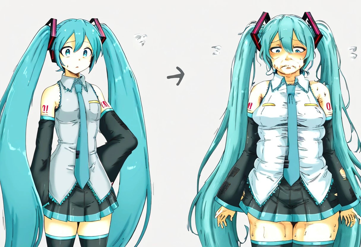 score_9, score_8, transformation, before and after, multiple views, aging, age progression, APTF, transformation sequence, young to elder, 20 years old, 50 years old, 70 years old, hatsune_miku