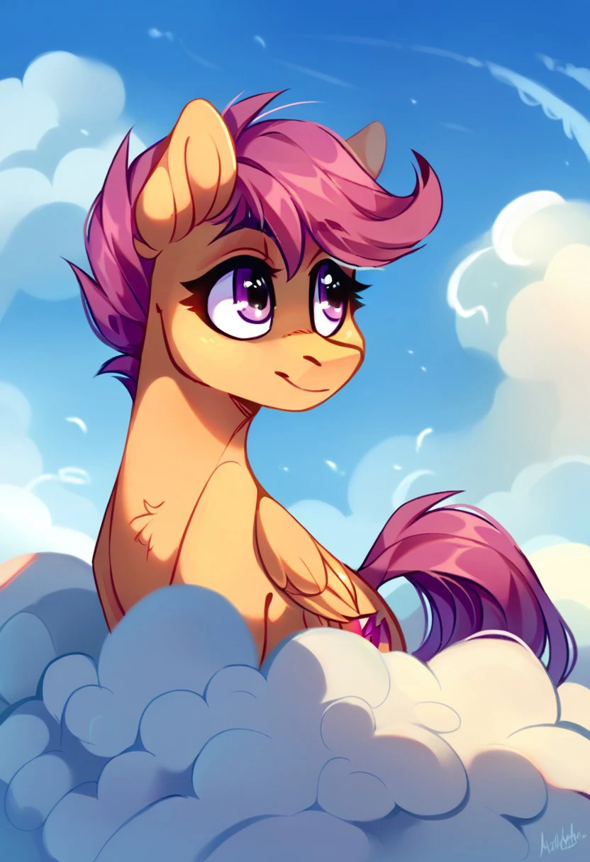 score_9, score_8, score_7, source_pony, scootaloo, snout, cutie mark, outdoors, standing, sky, day, cloud