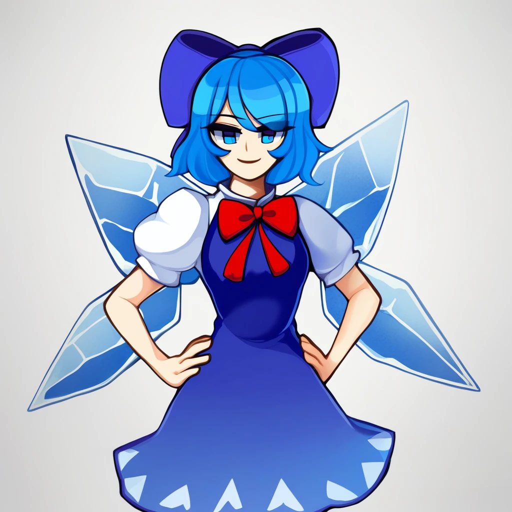 ((white background)), ((solo)), (1girl), ((cirno)), hands on hips, cocky smile, closed mouth, blue eyes, white-blue hair, short hair, ice wings, blue dress, short sleeves, blue bow, hair bow, puffy sleeves, red ribbon.