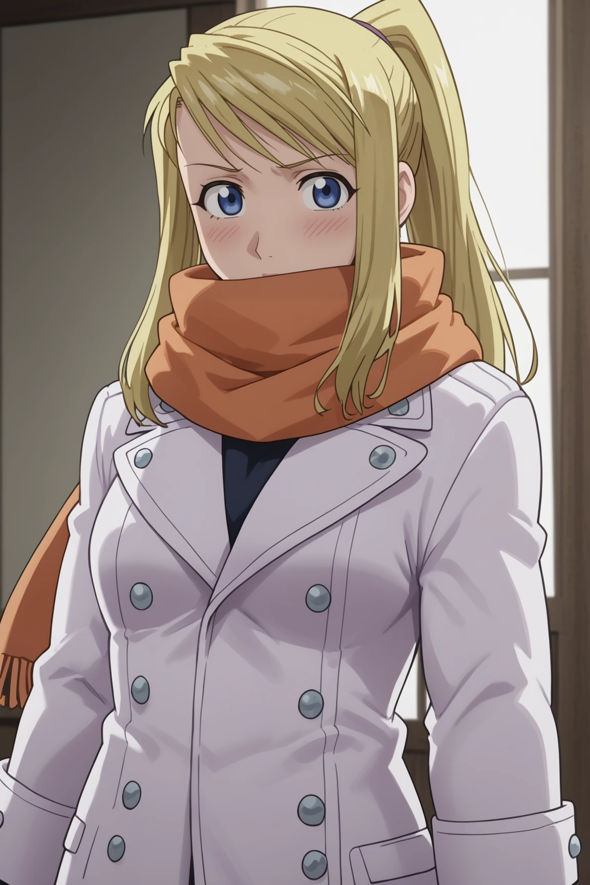 score_9, score_8_up, score_7_up, source anime, prefect lighting, very aesthetic, BREAK, anime coloring, anime screencap,
âââ <lora:winry_rockbell_v1-pdv6:1>, 1girl, winry rockbell, fullmetal alchemist, blue eyes, blonde hair, ponytail, 
wincout, scarf, white coat,
BREAK, looking at viewer, 
BREAK, pose, shy, blush