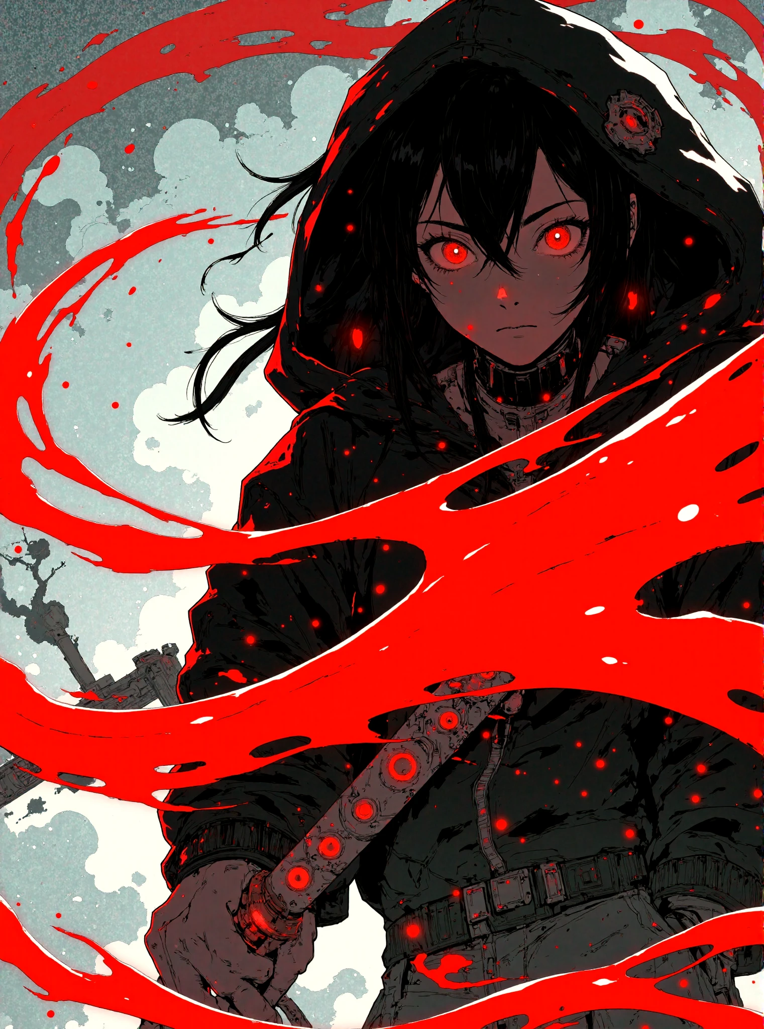 A dynamic and intense anime-style illustration featuring a determined character wielding a glowing red katana. The character has striking red eyes that emit a fierce and focused expression, contrasting against their dark hoodie and monochromatic attire. Abstract splashes of red and white energy swirl around, creating a sense of motion and raw power. The overall composition is dramatic, with sharp, angular lines and bold contrasts between the dark background and the vivid red and white accents. The style is inspired by high-energy action scenes in manga or anime, with an emphasis on minimalistic colors and a high-impact, modern aesthetic. The atmosphere is dark, electrifying, and filled with a sense of impending action. 
 <lora:Let_It_Blaze_in_Crimson:1>