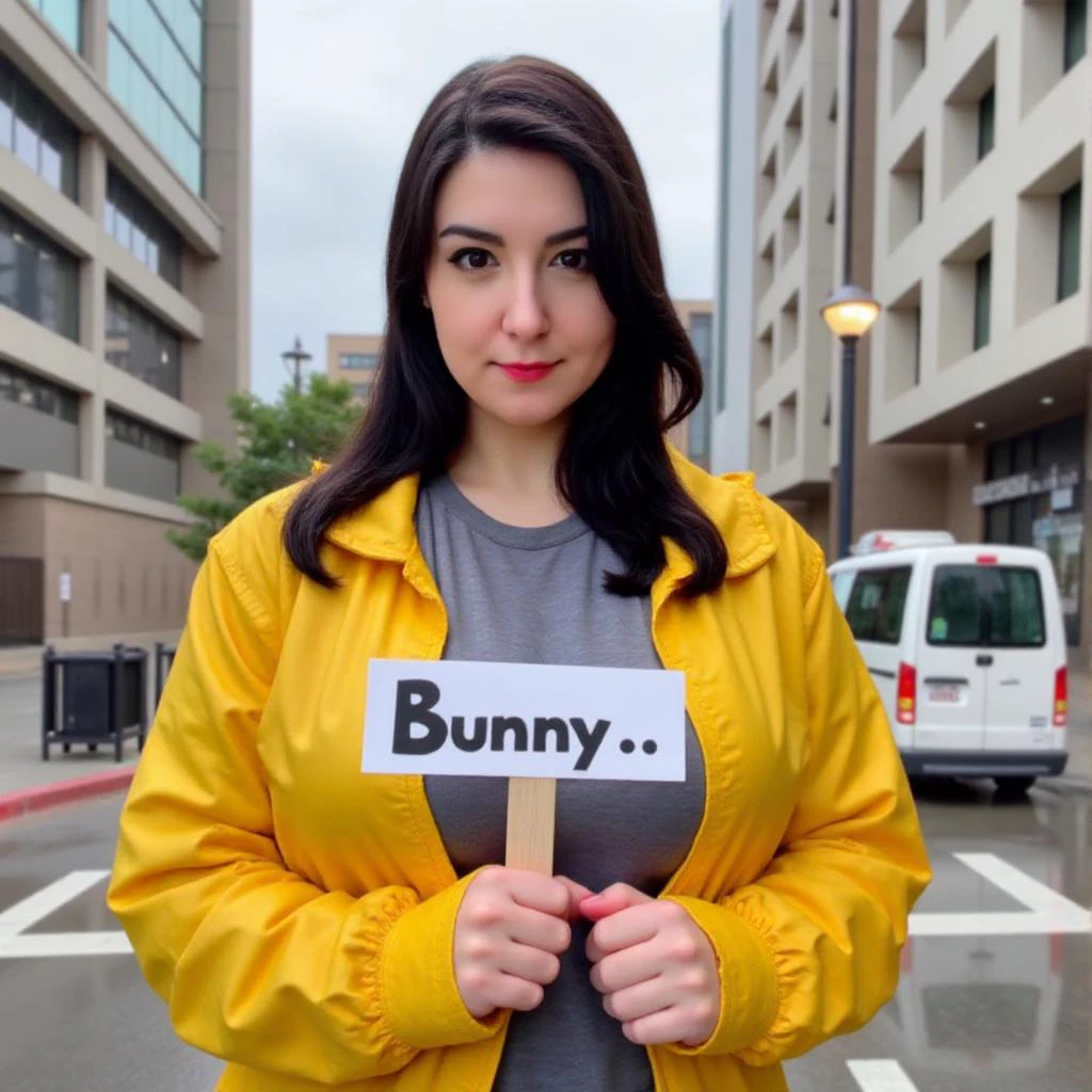 bunnyayumi \(Person\), BunnyAyu \(Person\), @BunnyAyu, @bunnyayumi, Photo of a woman with  black hair, wearing a yellow raincoat over a grey t-shirt, standing on a rainy street in a city. She has a neutral expression and is looking directly at the camera. She is holding a sign that says "Bunny". The background features tall buildings and a cloudy sky. The image is taken from a low angle, focusing on the woman's face and upper body. The lighting is soft and natural, highlighting her features. The overall mood is moody and rainy.