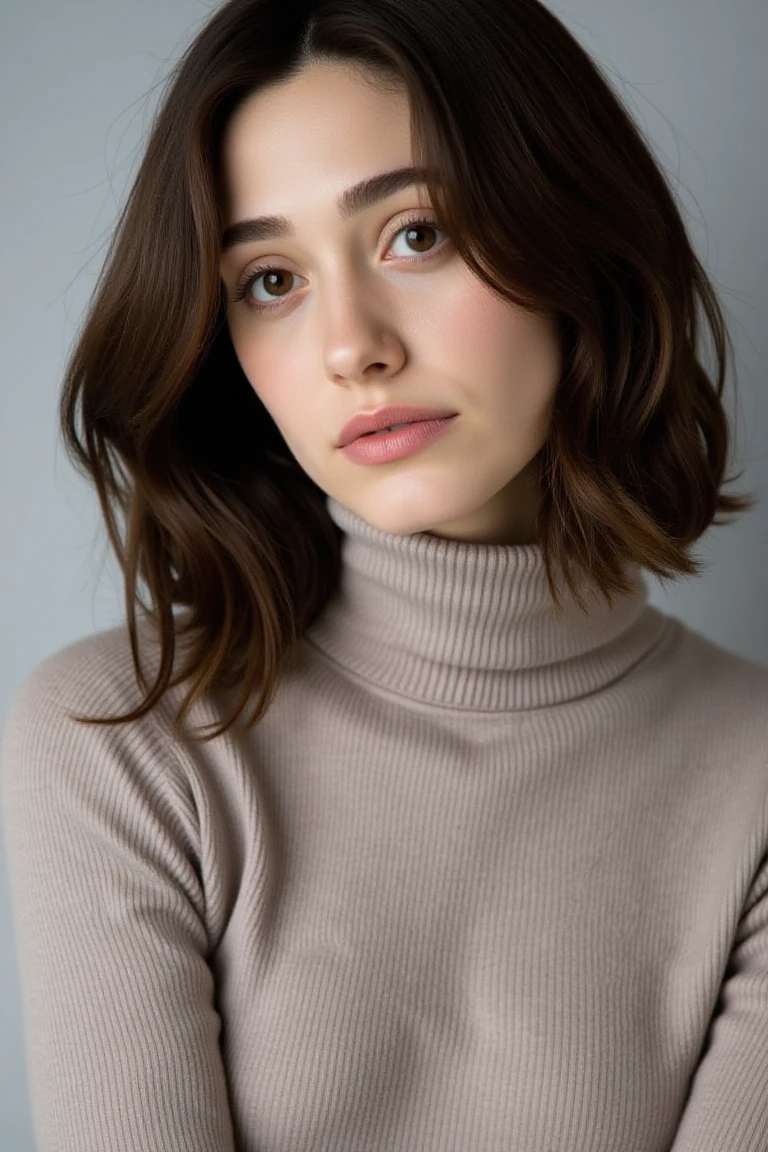 High quality realistic beauty shot of emmyrflx. A close-up shot of a  woman. She is wearing a turtleneck top. She has a medium hair. The backdrop is a light gray. She is giving an inviting look with slight smirk