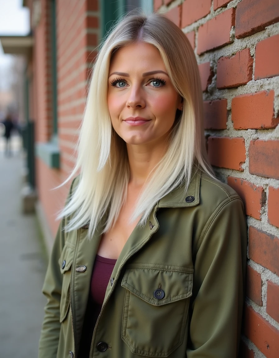 woman, jusebeauty, blonde, straight hair, Leaning against a rustic brick wall wearing an olive green utility jacket,  <lora:jusebeautyfluxmini:1>