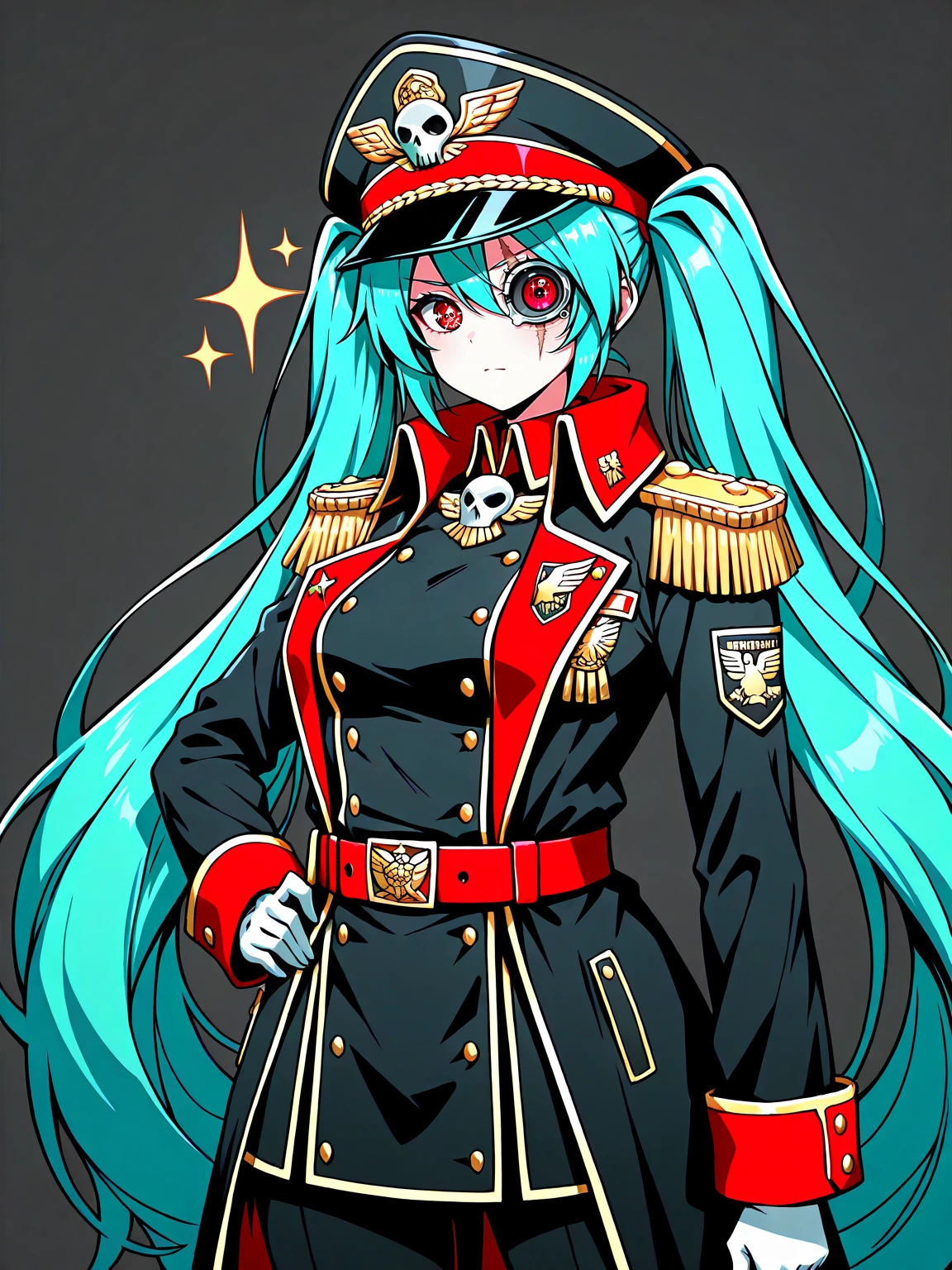 masterpiece, best quality,1girl,solo,eagle emblem,Hatsune Miku,twintail, aqua hair,
edgCommissar, long hair, looking at viewer, blonde hair, simple background, gloves, long sleeves, closed mouth, jacket, cowboy shot, belt, grey background, uniform, coat, black jacket, hand on hip, sparkle, black headwear, scar, epaulettes, black coat ,wearing edgCommissar,artificial eye,skull emblem,millitary uniform,hat
<lora:edgIllustriousXLCommissar:0.9>