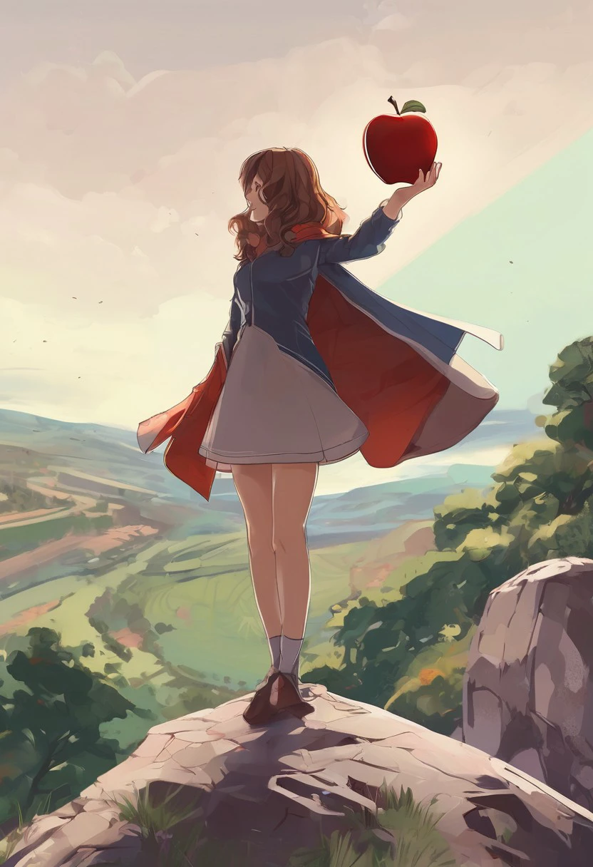 masterpiece, best quality, Good quality, very aesthetic, absurdres, newest,  1girl, solo, simple_background, apple, apple head, standing on the hill, marvel style, cartoon style