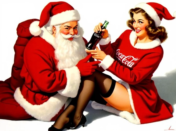 A classic Gil Elvgren pinup style advertisment poster for Coca Cola, with a young wavy haired brunette lady with a big smile and warm clothes on showing off her stockinged legs, accepting a bottle of Coca Cola from a jolly Father Christmas. High Quality