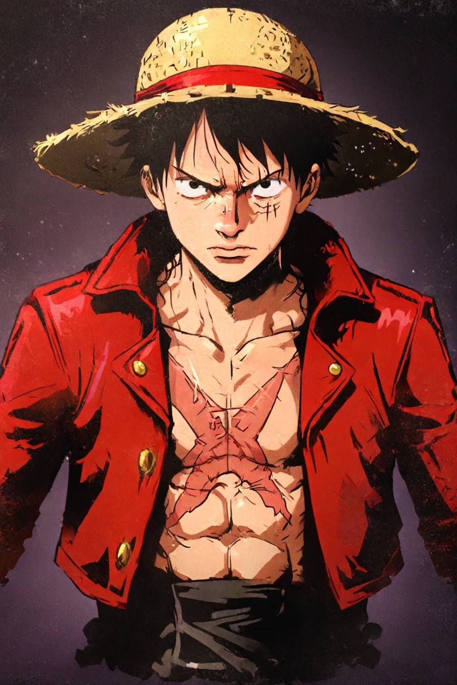 <lora:LUFFY_pony_XL:0.6>, Luffy, red jacket, scar on chest, straw hat, black hair, 1boy, solo, alone,<lora:arcane_poster_illustriousXL-000021:0.8>, arcane_poster_style, masterpiece, highres