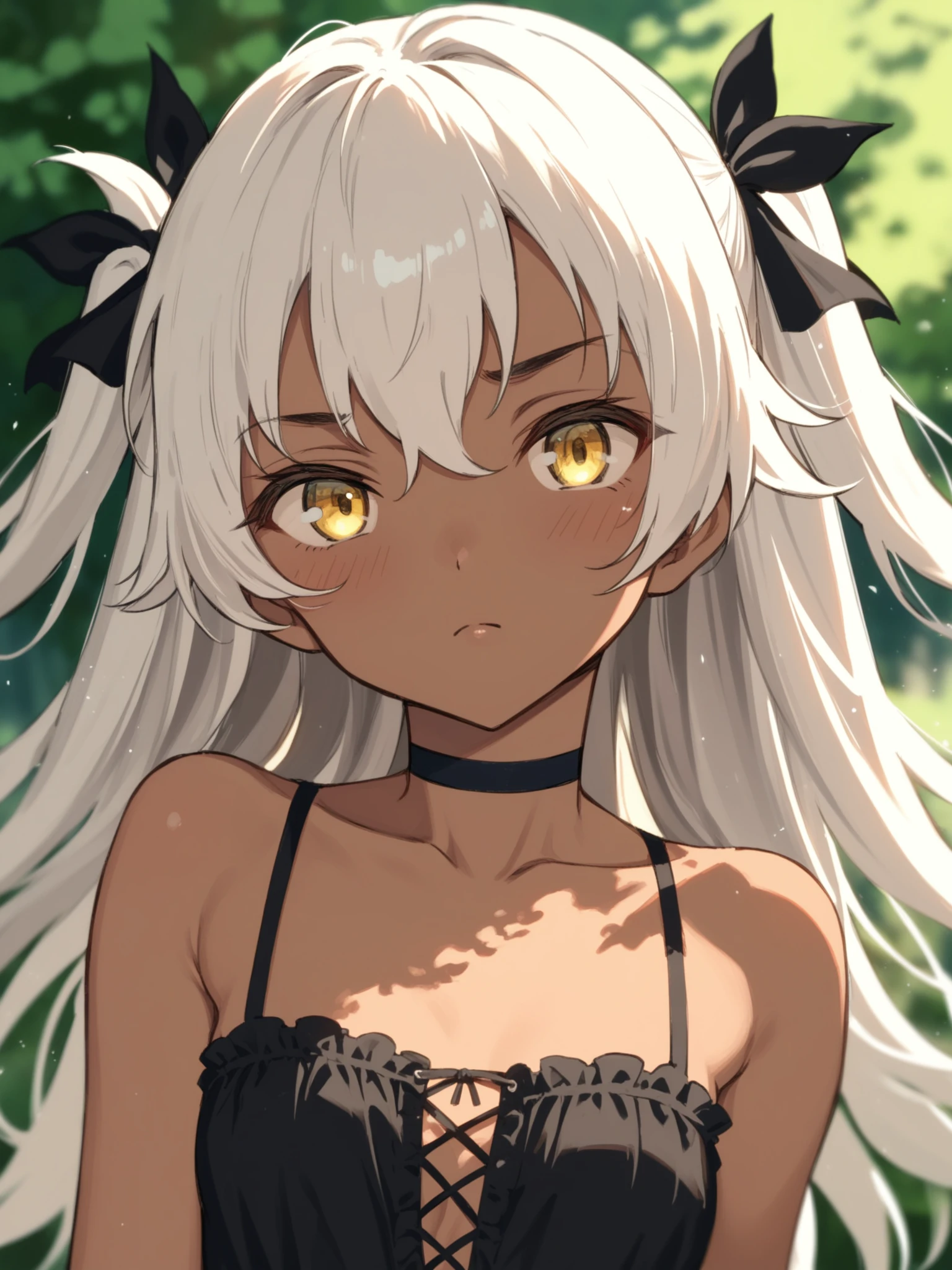 <lora:happy_tentacle-kanaguri-v0.3-000011:1>, ht_kanaguri, choker, dark-skinned female, two side up, hair ribbon, yellow eyes , disgusted, outdoors, day cowboy shot, (petite:1.2), 1girl, solo focus, (looking at viewer:1.1), backlighting, (depth of field:0.8), , score_9, score_8_up, score_7_up, score_6_up, score_5_up, score_4_up, rating_safe