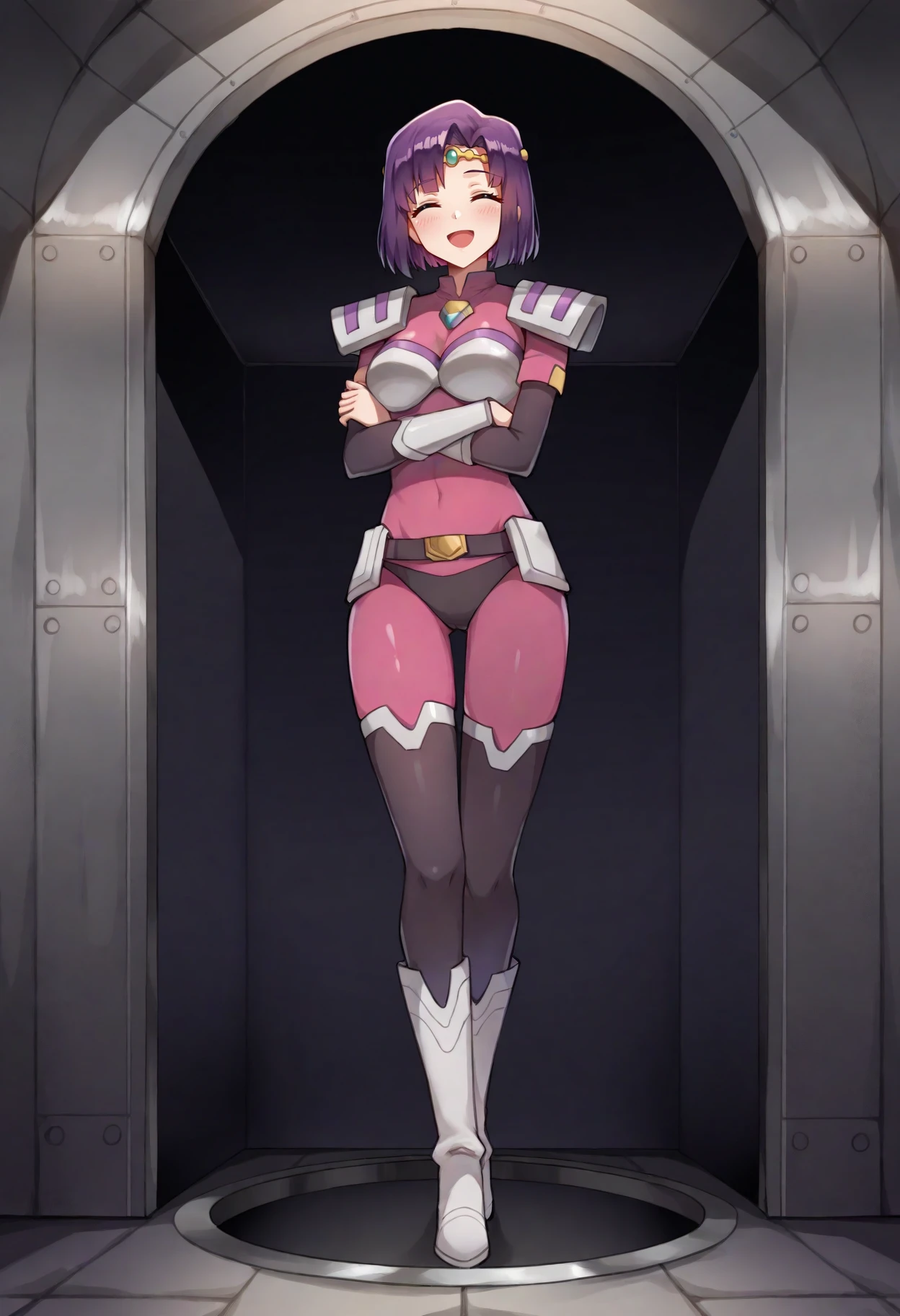 (masterpiece,best quality,high quality,good quality),1girl,purple hair, <lora:HarukaF0Illustrious:0.8>,(solo:1.2),hmfz0,short hair,armor,bodysuit,boots,shoulder pads,circlet,standing,facing viewer,full body,indoors,metal tunnel,happy,:d,crossed arms,panties,panties over clothes,thighhighs,bright colors