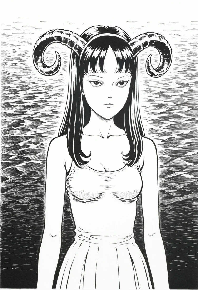 junji ito,monochrome,greyscale,1girl,solo,demon horns,