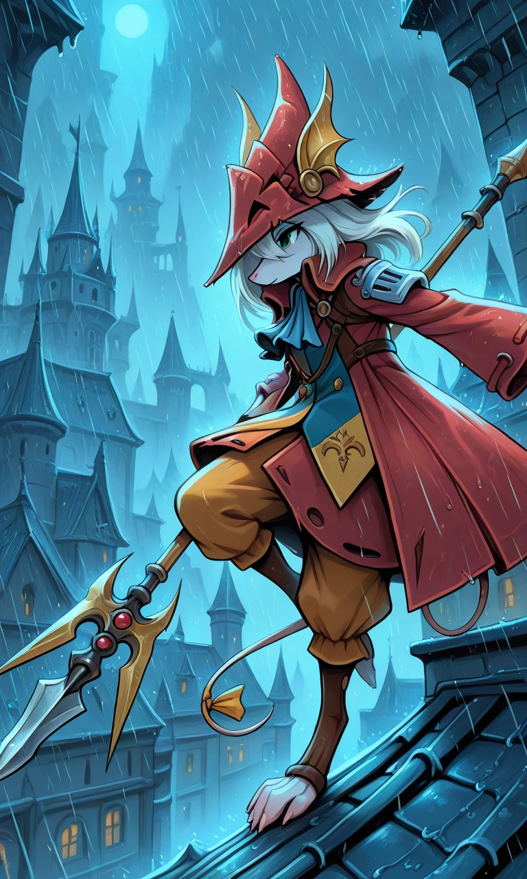 masterpiece, best quality, perfect face, 1girl, Freya crescent, female furry, red hat, blue ascot, green eye, hair over one eye,, medium hair, mouse ears, mouse tail, holding weapon, spear, castle, standing on one leg, on roof, raining, night, from side,