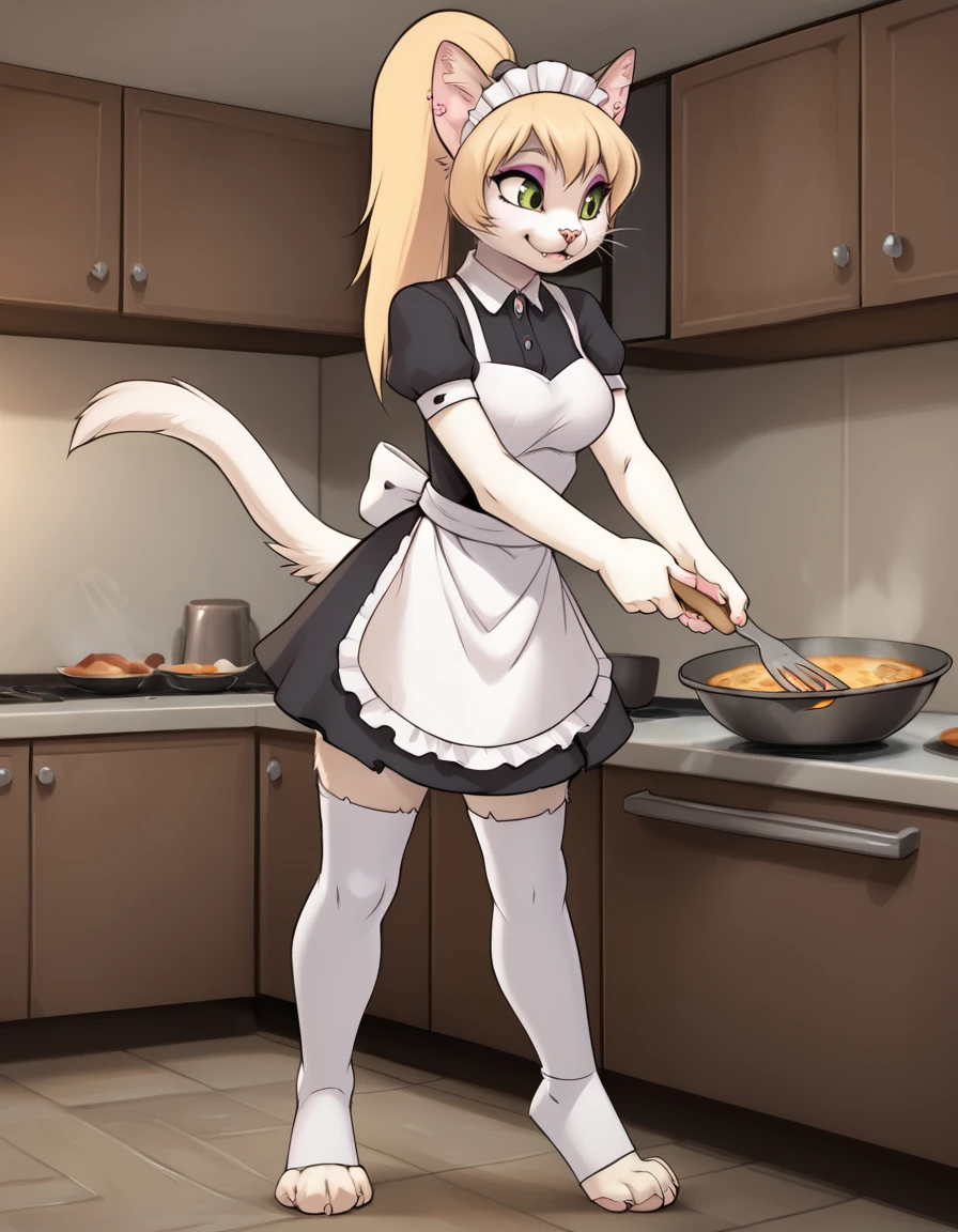 indoors,kitchen,
full body,smile,long eyelashes,parted lips,
maid,maid headdress,thighhighs,cooking,
<lora:Alisa_v01_PDXL:1>,Alisa,1girl,solo,furry female,cat girl,green eyes,eyeshadow,animal ears,long hair,blonde hair,ponytail,cat tail,animal nose,body fur,white fur,snout,whiskers,fangs,