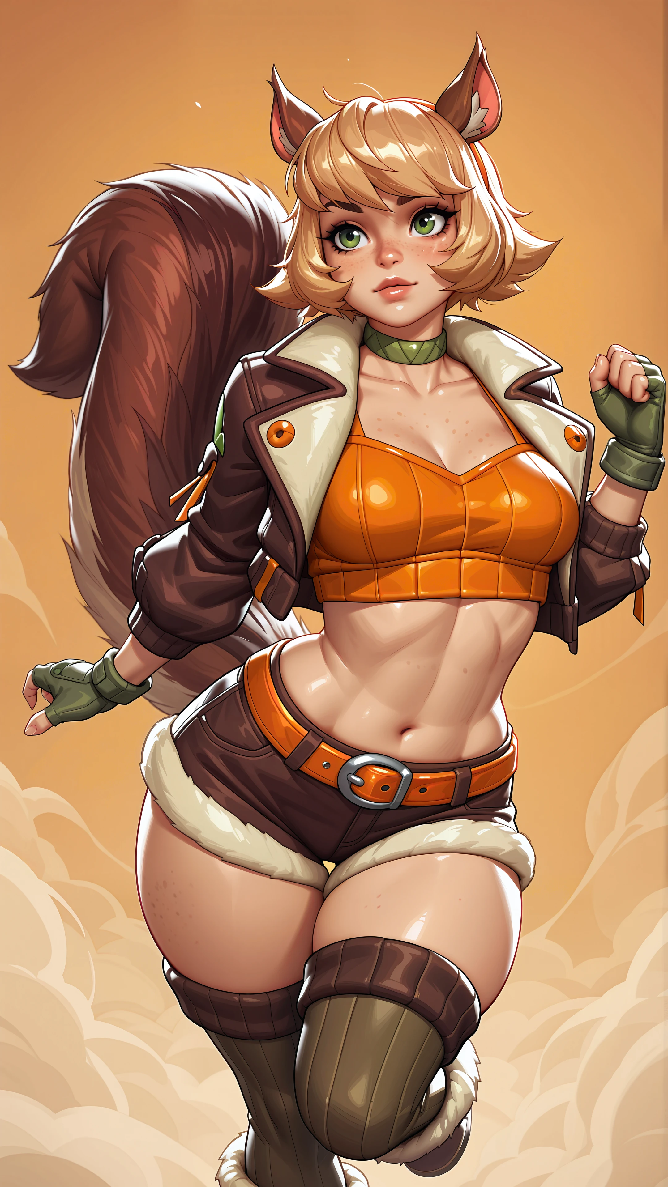 absurdres, 1girl, squirrel girl, animal ears, squirrel tail, short hair, blonde hair, green eyes, freckles, green choker, brown jacket, orange top, dark fingerless gloves, midriff, brown fur-trimmed shorts, orange belt, brown thighhighs, fur-trimmed boots, (dynamic pose:0.5), one leg raised