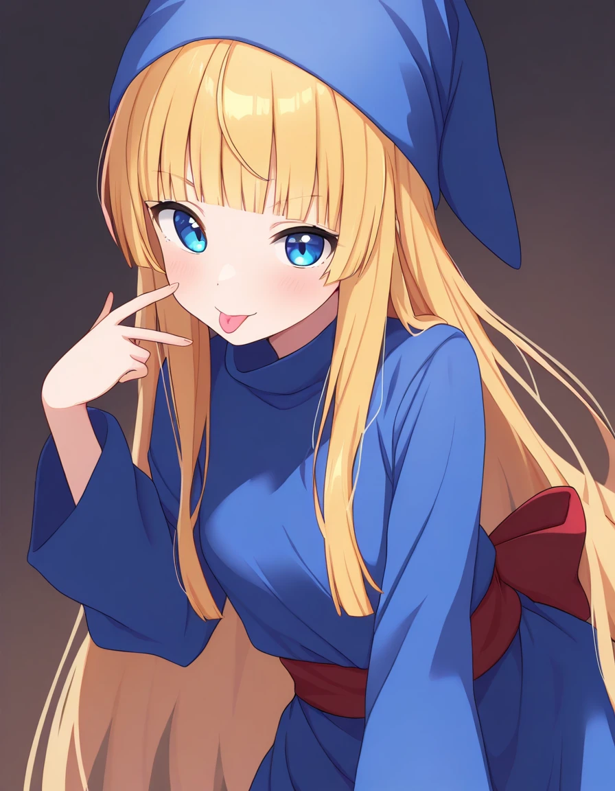 <lora:witchP123_SDXL_Illustrious01_fp16_ver01:1>,1girl,solo,witchP123,long hair,blonde hair,blunt bangs,blue eyes,blue dress, blue boots,blue hat, red sash,long sleeves,akanbe, tongue out,upper body,, masterpiece, best quality, very aesthetic, absurdres,<lora:detailed_hands:1>,hand