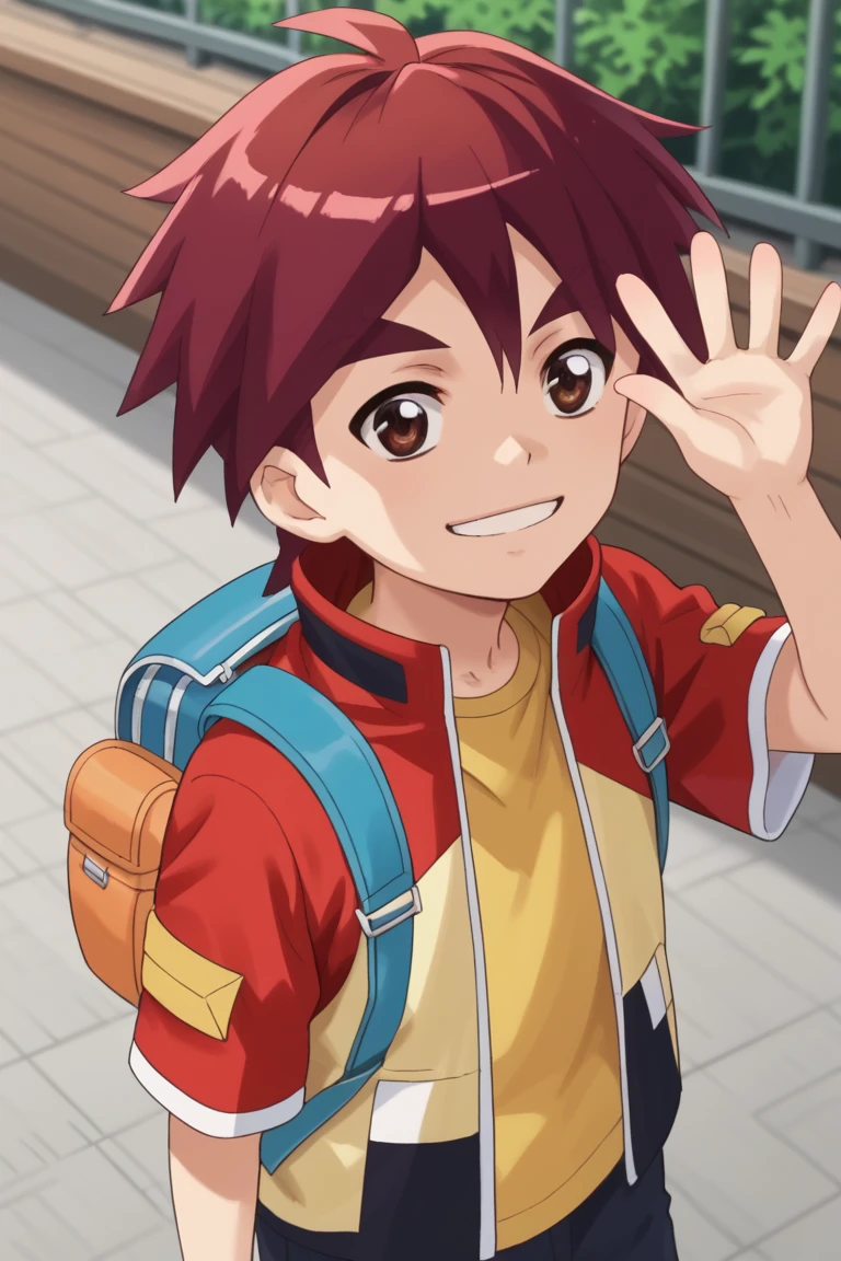 score_9, score_8_up, score_7_up, score_6_up, score_5_up,score_4_up,source_anime
jason, red hair, brown eyes, red jacket, yellow shirt, 1boy, male focus, backpack, solo, bag, smile, waving, jacket, parody