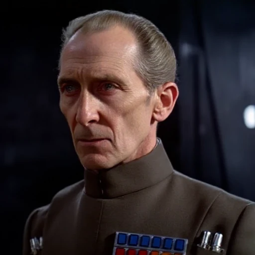 contemplative expression. He has a lean, Tarkin. The image is a high-resolution photograph featuring a stern-looking, and he has a slightly furrowed brow, likely a character from a science fiction film or series, high-collared uniform adorned with a silver insignia on his left shoulder, revealing a bald head. His skin is pale, portrayed by actor Peter Cushing. The photograph captures a side profile of Tarkin