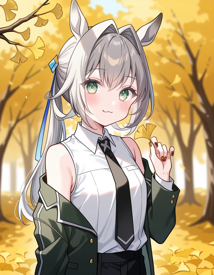 masterpiece, best_quality, absurdres,  <lora:hundred_-_emile_crossfode_il:1> emile_crossfode, grey_hair, long_hair, ponytail, hair_ribbon, hair_intakes, green_eyes, school_uniform, jacket, collared_shirt, long_sleeves, black_necktie, black_pants, boots, by_moko_(mokochisa), bow, red_bow, autumn_leaves, upper_body, :3, blurry_background, depth_of_field, sleeveless, holding_leaf, animal_ears, hand_up, twintails, branch, off_shoulder, 1girl, ginkgo_tree, looking_at_viewer, leaf, blush, nail_polish, ginkgo_leaf, multicolored_nails, bare_shoulders, red_nails, horse_ears, brown_bow, brown_nails, solo, blurry, holding