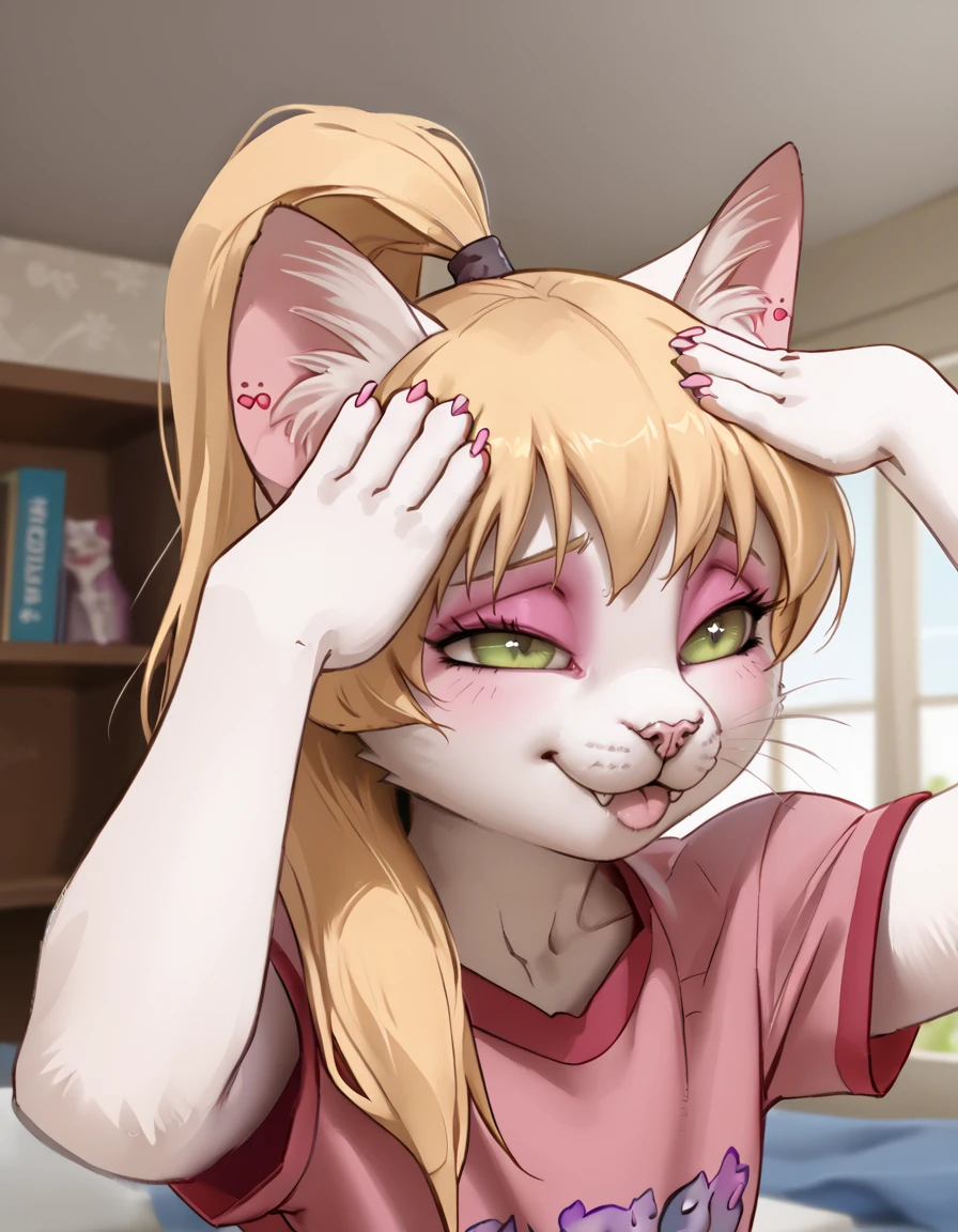 indoors,bedroom,
headshot,long eyelashes,mole under eye,
pink t-shirt,
<lora:Alisa_v01_PDXL:1>,Alisa,1girl,solo,furry female,cat girl,green eyes,eyeshadow,animal ears,long hair,blonde hair,ponytail,cat tail,animal nose,body fur,white fur,snout,whiskers,fangs,
<lora:AhEtoBlehMeme_pdxl_Incrs_v1:1>,AhEtoBlehMeme,closed eyes,tongue out,:p,hands on own head,smile,