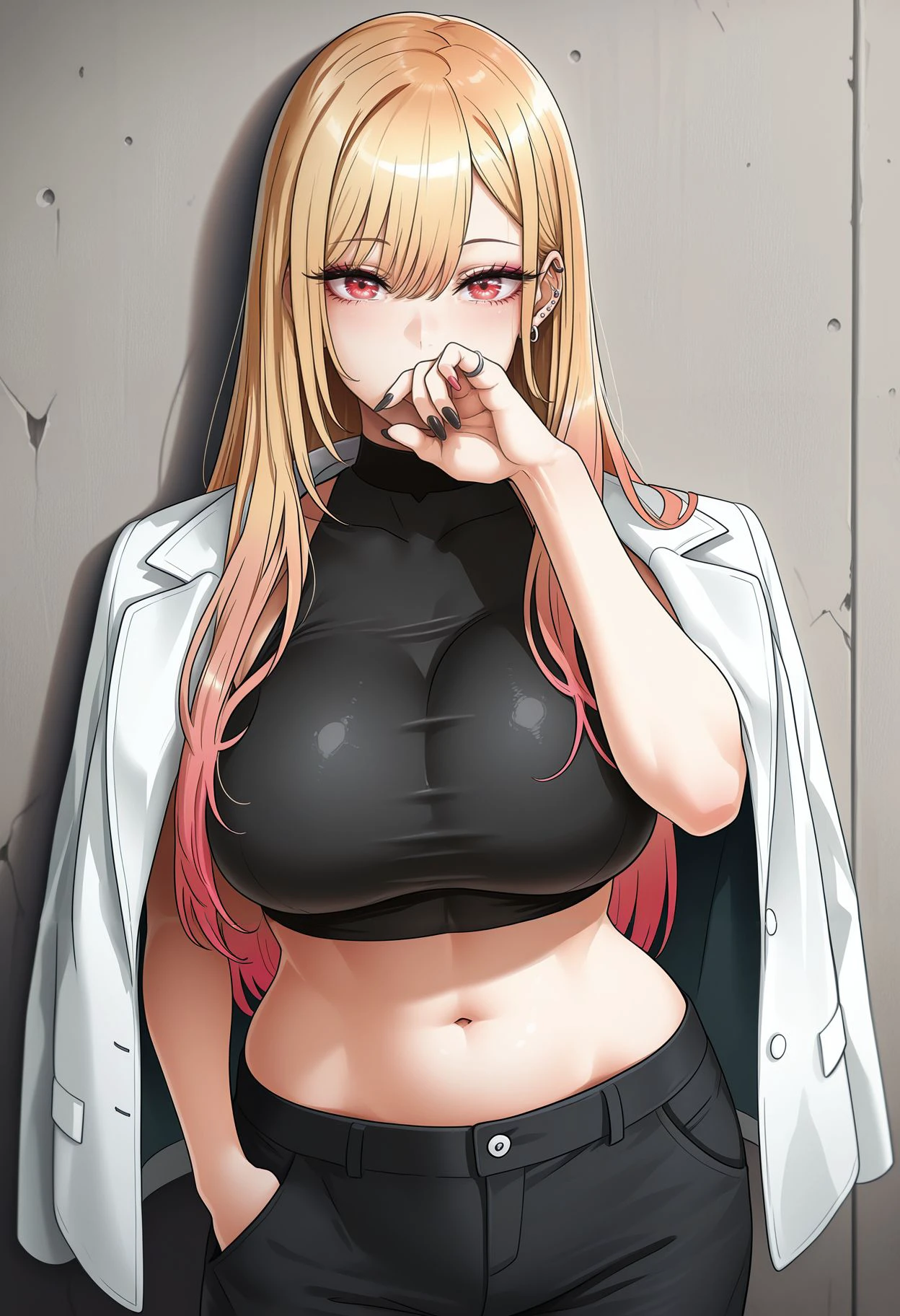 masterpiece,best quality,amazing quality,<lora:momofuki_rio_style_illustrious_goofy:1> 1girl, jacket on shoulders, blonde hair, navel, long hair, large breasts, black pants, kitagawa marin, looking at viewer, midriff, black shirt, hand in pocket, multicolored hair, crop top, gradient hair, red eyes, standing, covering own mouth, nail polish, white jacket, black nails, colored tips, stomach, taut shirt, pink hair, covered mouth, hair between eyes, open jacket, open clothes, sleeveless shirt, taut clothes, leaning back, red hair, against wall, ear piercing, jewelry, hand up, cropped shirt