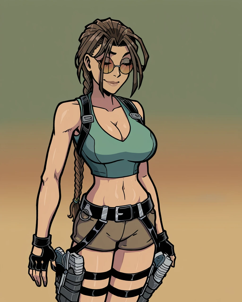 absurdres, high quality, masterpiece, very awa, Akaburstyle, 1girl, closed eyes, large breasts, smile, brown hair, black gloves, navel, cleavage, holstered weapon, single braid, cowboy shot, glasses, brown shorts, midriff, black belt, dark skin, fingerless gloves, dark-skinned female, lips, crop top, gun, sunglasses, tank top, handgun, braided ponytail, round eyewear, green shirt, thigh holster, long braid, Lara Croft <lora:Akabur_IllustriousV1:0.90>