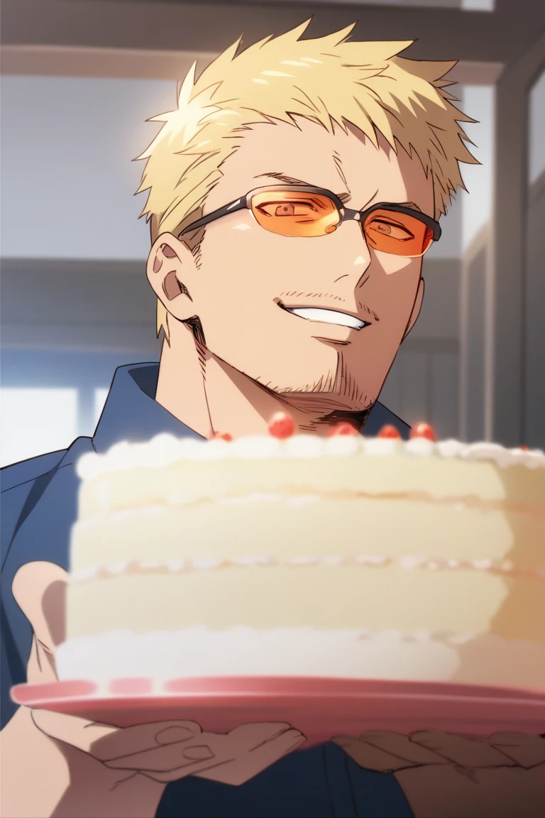 score_9, score_8_up, score_7_up, source_anime, rating_questionable, anime coloring, subsurface scattering, realistic shading, cute theme, holding a cake, male focus, looking at viewer, expressive face, KaneFF, blonde_KaneFF_short hair, KaneFF_facial hair, orange_KaneFF_sunglasses, 1boy, happy, wide smile, shiny skin, shirt, indoors living room, dynami angle, intricately detailed illustration, depth of field, atmospheric perspective, masterpiece, best quality, amazing quality, very aesthetic, absurdres, newest, anime screencap