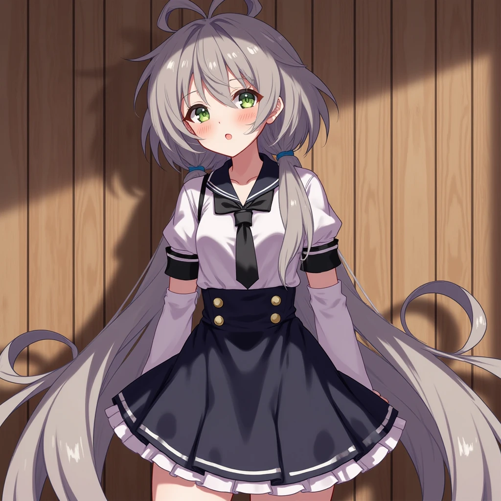 an anime girl,grey hair,black_thighhighs,from side,see side,upper body,huge breasts,wooden room