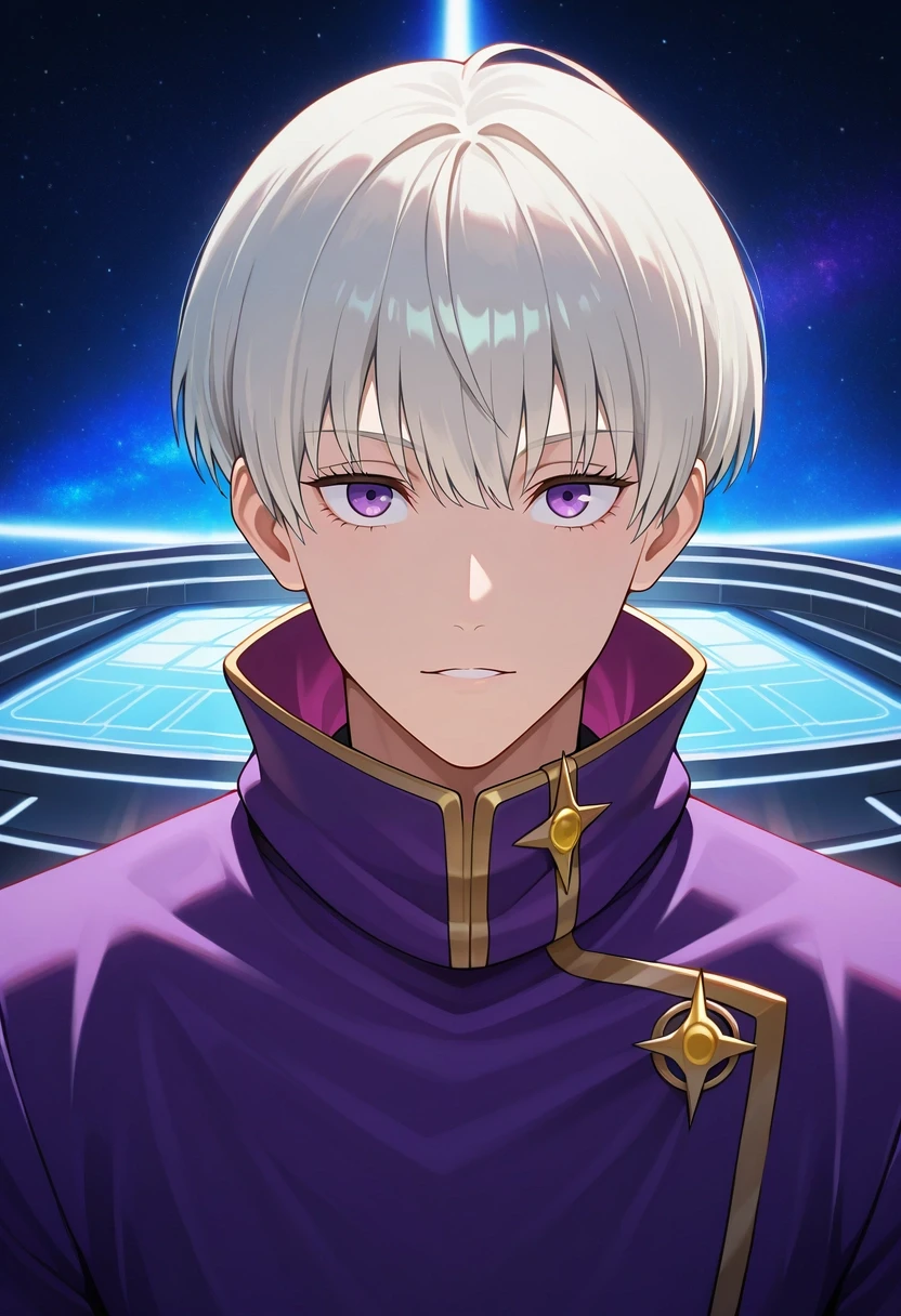 masterpiece, best quality, , , looking at viewer, , 1boy, solo, male focus, <lora:toge_inumaki_ilxl:0.94>, toge_inumaki, white hair, purple eyes, short hair, bangs, hair between eyes, , star palace, space halls, stellar gardens, observation decks, royal pose, dignified expression, space lighting,