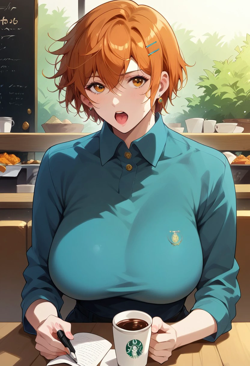 masterpiece, best quality, ultra high resolution, 1 girl in, Alone, Nakano Yotsuba, Orange hair, hair bow, (green bow tie), (naked:1.3), (White apron), big tits, Huge cleavage, sitting at a cafe table, erotica, sensual, sexy, torogao, 25 years