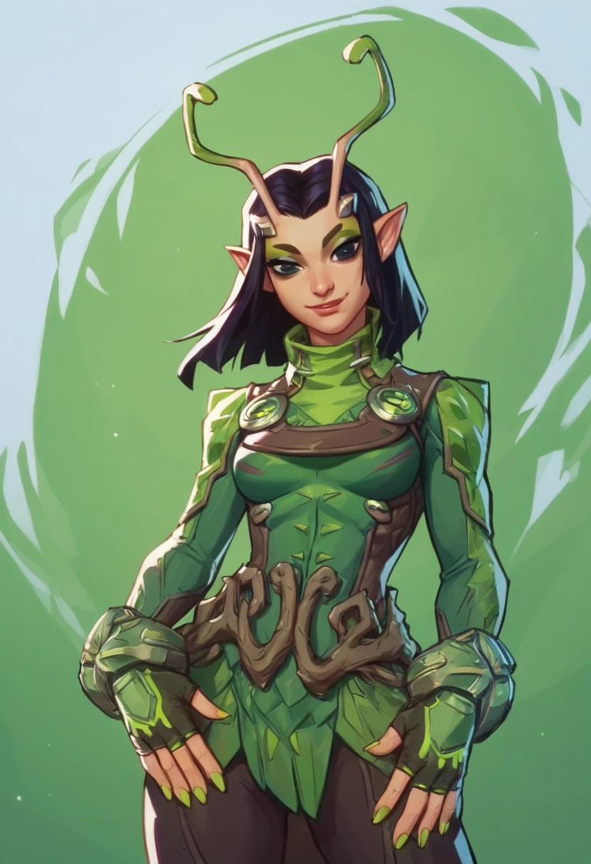 score_9, score_8_up, score_7_up, score_6_up, expressiveh,  mantis_rivals, green details, 1girl, solo, black and green clothes, antennae, medium hair, black hair, bodysuit, hand equipment, fingerless gloves, pointy ears, vines, nail polish, green nail polish, green sleeves, green cowl, black pants, makeup, black eyes, smile, <lora:Mantis_Marvel_Rivals_-_PonyXL:0> <lora:Mantis_Marvel_Rivals_-_PonyXL-000013:0.7>