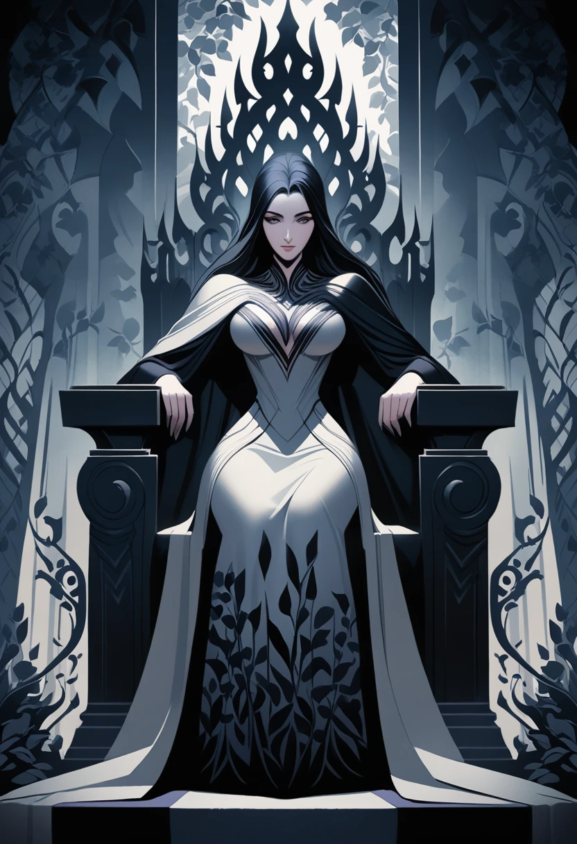 a woman sitting on a throne in the style of Eyvind Earle