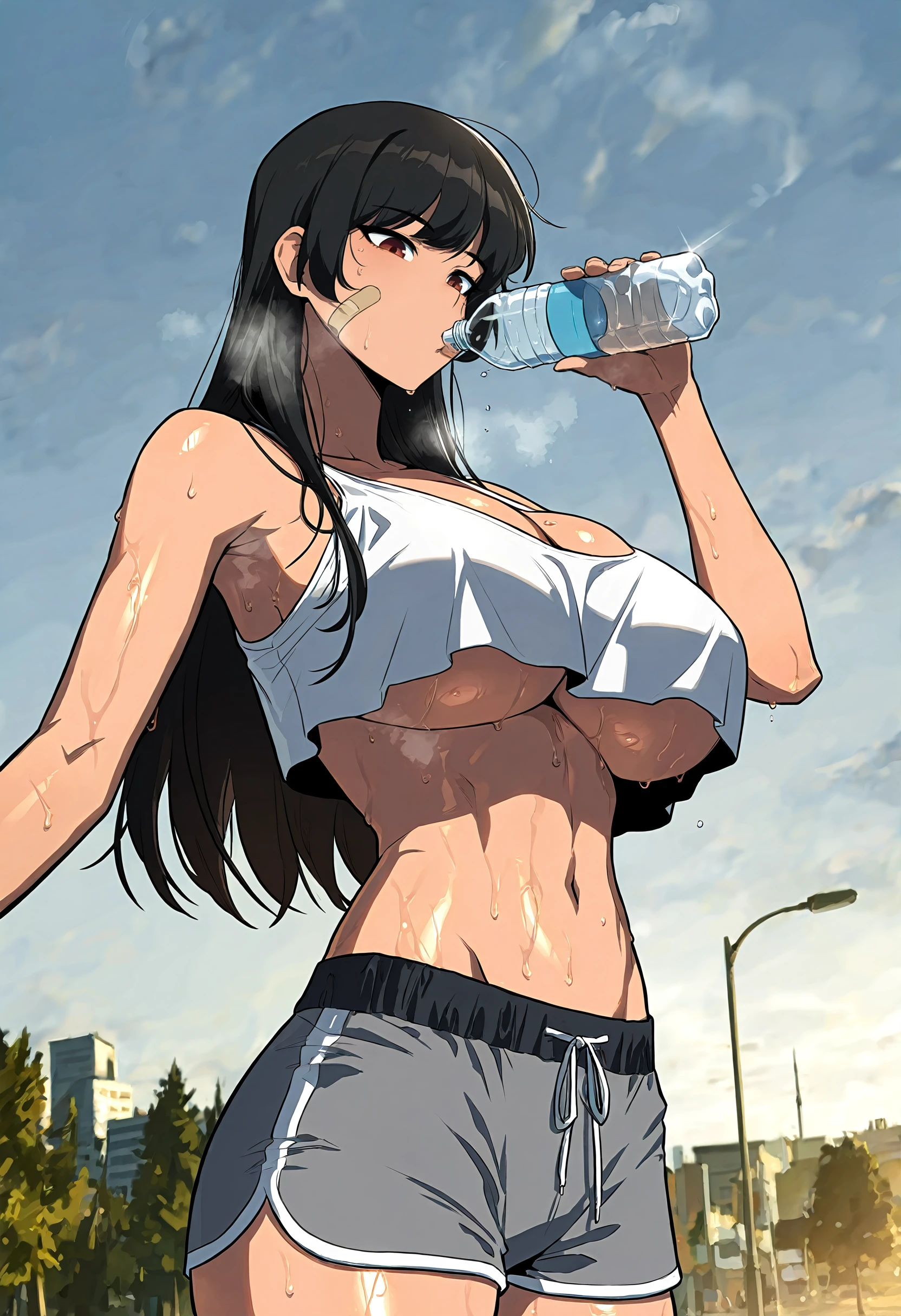 masterpiece, best quality, amazing quality, very aesthetic, absurdres, newest, scenery, 1girl, solo, huge breasts, <lora:Yoo Yeonhwa illustxl:1.0> black hair, long hair, brown eyes, red eyes, bandaid on cheek, white tank top, cleavage, crop top overhang, underboob, grey shorts, dolphin shorts, short shorts, upper body, standing, sweat, steaming body, hand up, (holding bottle:0.8), bottle in mouth, park, outside, looking down, shiny skin, masterpiece, best quality, amazing quality, very aesthetic, absurdres, newest, scenery