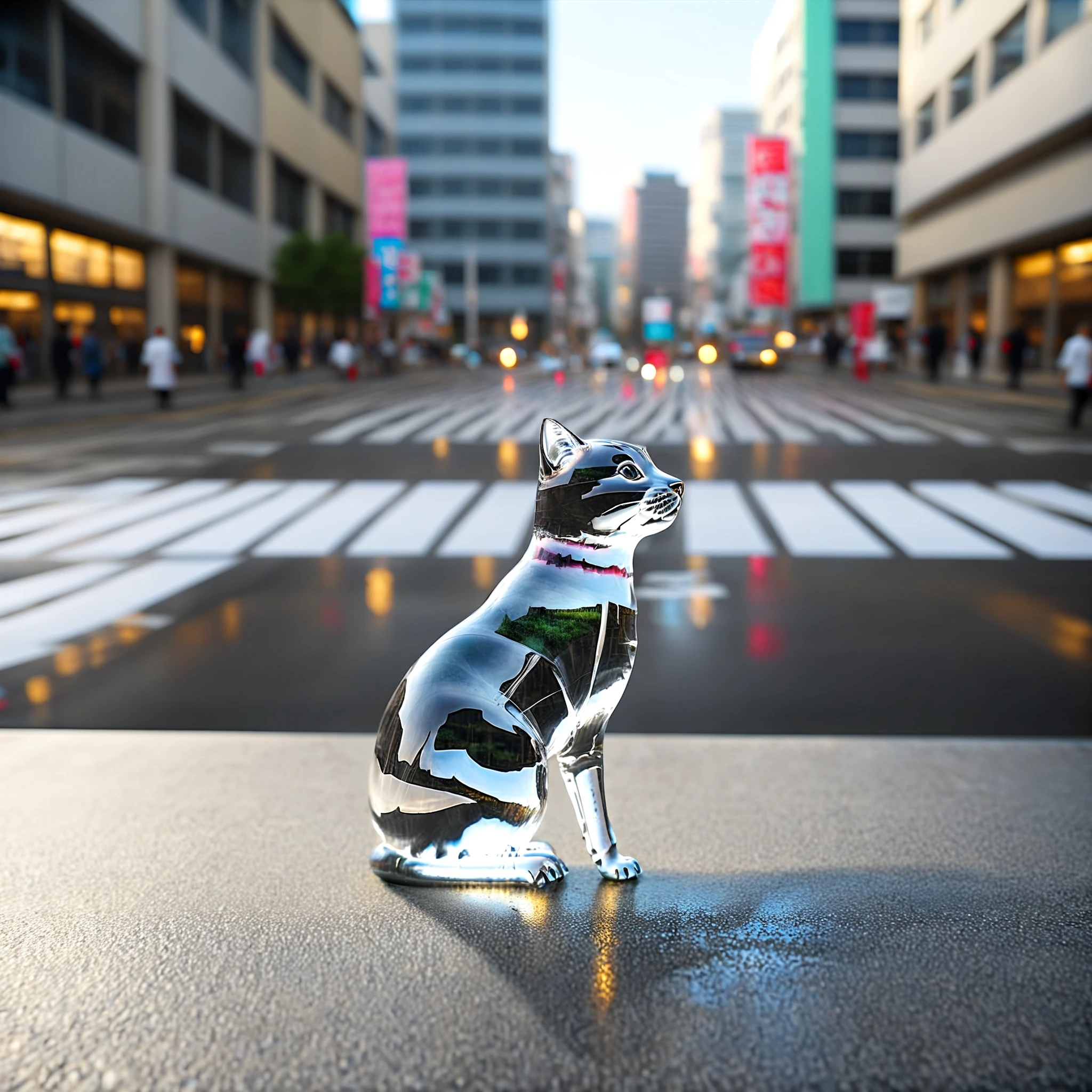 glass cat, solo, outdoors, solo_focus, blurry, no_humans, depth_of_field, blurry_background, building, reflection, photorealistic, cityscape, realistic, transparent, photo_background, reflective_floor, crosswalk, real_world_location,  <lora:Crystal_ornament_IL_v1:0.5>