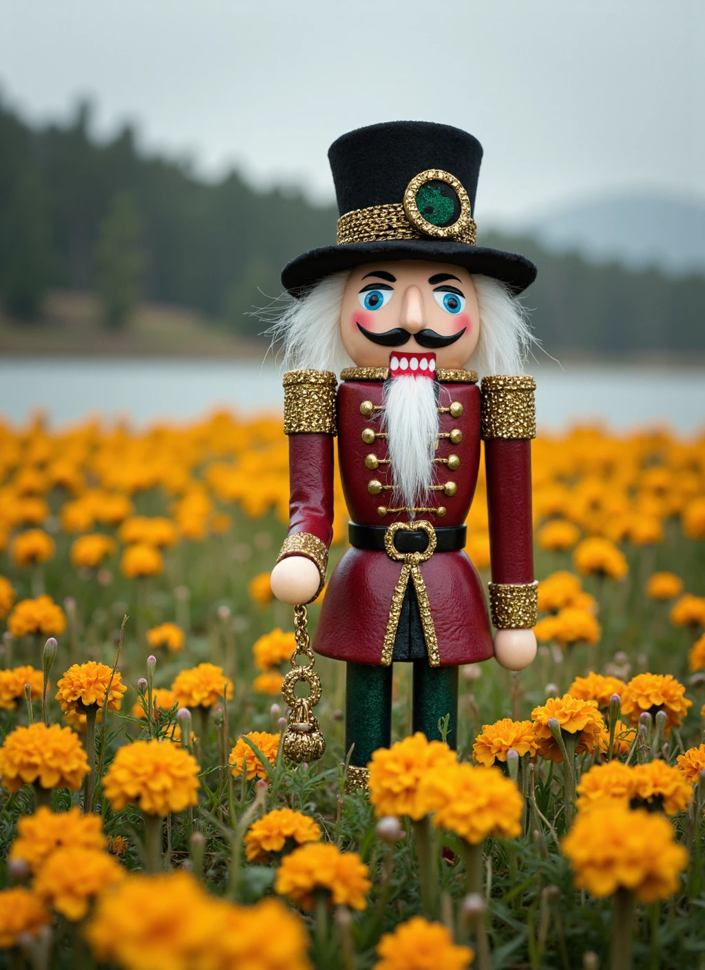 {    "T5": "A Techno fancynutcracker in a Burgundy Naeem Khan costume with Witch's hat adornments and a tousled hairstyle, wearing an oversized chain necklace, stands in the midst of Yellowstone National Park, surrounded by a dense lake filled with marigolds, under stormy weather, looking very confused as he makes photographs, captured from a top-down view with a macro lens, sharp and in focus, with a slow shutter speed, illuminated by a key light, set against a Fairy Kei backdrop, with a cozy and realistic face and detailed white and beige eyes",    "CLIP-L": "Cyberpunk, Dragoncore, Business, Techno fancynutcracker, Burgundy costume, Witch's hat, tousled hair, oversized chain necklace, Yellowstone National Park, marigold, stormy weather, Fujicolor Fujichrome Velvia 100, macro lens, Fairy Kei, key light, slow shutter speed, colorful, confused expression, realistic face, detailed eyes" }