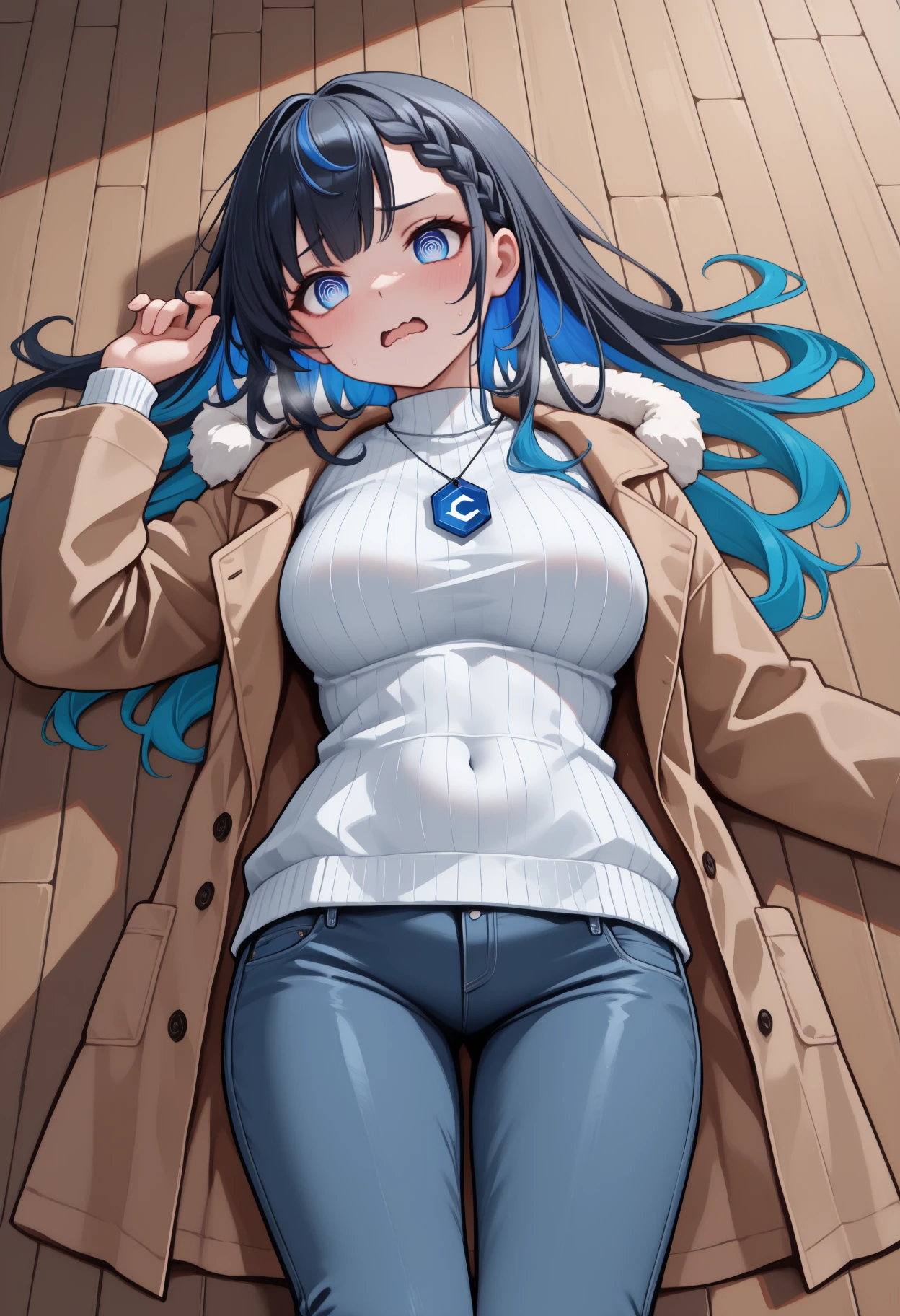 masterpiece, best quality, <break> solo, 1girl, civitai-chan, open mouth, wavy mouth, lying, on floor, on back, hand up, long hair, colored inner hair, black hair, blue hair, braided bangs, @ @, winter clothes, brown coat, fur-trimmed hood, open coat, long sleeves, white sweater, ribbed sweater, jeans, wooden floor, steam, fire
<segment:yolo-Anzhc Face seg 640 v2 y8n.pt,0.4,0.5//cid=1>