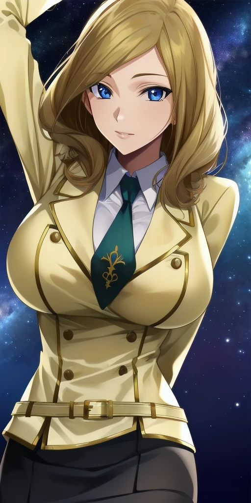 <lora:MillyV2:0.7> milly_ashford, huge_breasts, standing, solo, arms_behind_back, starry_sky, yellow_jacket_white_collared_shirt_green_necktie_green_skirt_belt, masterpiece, best_quality, detailed_face, detailed_eyes, highres, beautiful, detailed, absurdres,