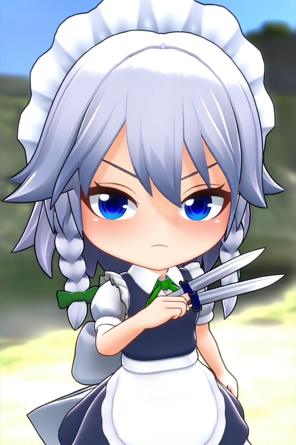 TFTstyle, chibi,3d,1girl, izayoi sakuya, touhou, solo, maid headdress, maid, apron, short sleeves, dress, closed mouth, white apron, looking at viewer, maid apron, puffy short sleeves, frills, puffy sleeves, black dress, frilled apron, hair between eyes, outdoors, blush, throwing knives, knives, serious face, upper body, masterpiece, best quality, very aesthetic, absurdres,<lora:TFTstyle-000020:1>